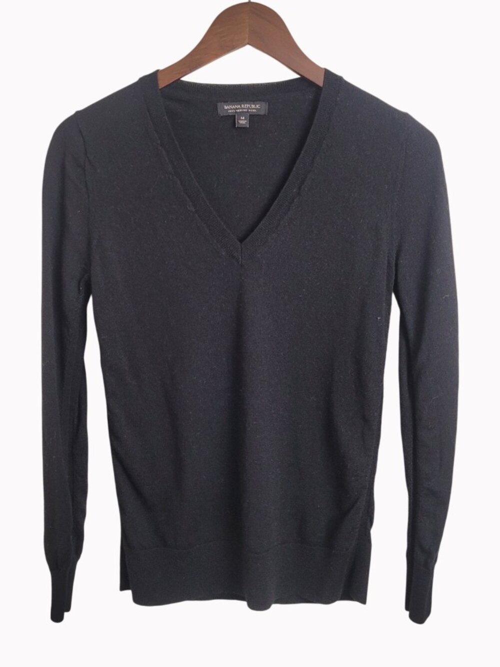 Banana Republic Black Merino Wool Lightweight V-neck Long Sleeve Knit Top medium